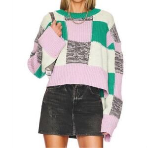 For Love & Lemons Purple Green Colorblock Finley Pullover Sweater Size X-Small